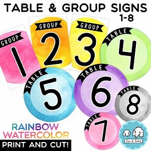 Editable Watercolor Table and Group Numbers Signs, Classroom Decor Color Labels