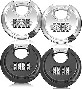 Landhoow 4 Pcs 4 Digit Combination Disc Padlock Stainless Steel Combo Discus Lock Outdoor Heavy Duty Fence Lock with Hardened Steel Shackle for Sheds Locker Storage Gym Gate(Black and Silver)