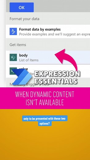 Dynamic Content items not displaying in Power Automate? TRY THIS 👇 If the Dynamic Content isn’t available to you you can do 2 things. 1️⃣ Use a Compose Action Insert your dynamic content into a compose action. Add another compose action, and enter your expression. Insert your outputs from the compose action above into your expression. 2️⃣ Get the Dynamic Content Property Reference Before adding your expression. Insert your dynamic content into the compose action. Click on the three dots. Select
