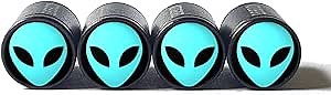 Alien Face (Blue) Tire Valve Caps - Black Aluminum - Set of Four