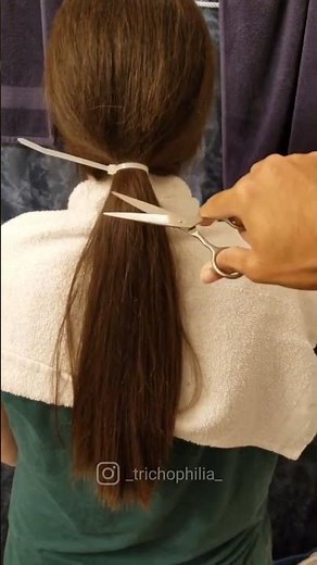 Husband cutting off wife long hair ( ponytail cutting off with real scissors sound)