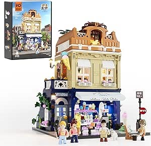 FUNWHOLE Gelato-Store Lighting Building-Bricks Set - City Town Ice Cream Shop LED Light Modular Collection Kit 1948 Pcs Display Model for Adults and Dessert Lovers
