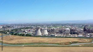 Iconic Cooling twin towers of Haifa oil refinery, showing a collapsed tower, Aerial view.