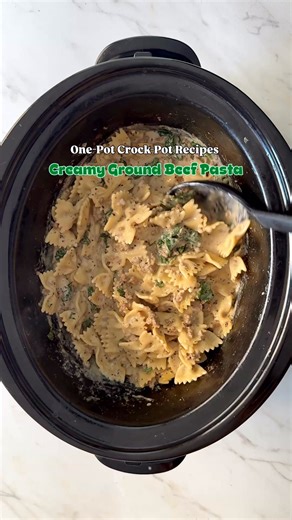 Slow Cooker Ground Beef Pasta Full recipe: https://fitslowcookerqueen.com/crockpot-creamy-ground-beef-pasta/ | Shannon Epstein - Fit Slow Cooker Queen