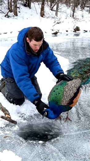 “A brave heart broke the ice… and saved a life 🦚❄️” #shorts #viral #trending #ytshorts #fyp #funny