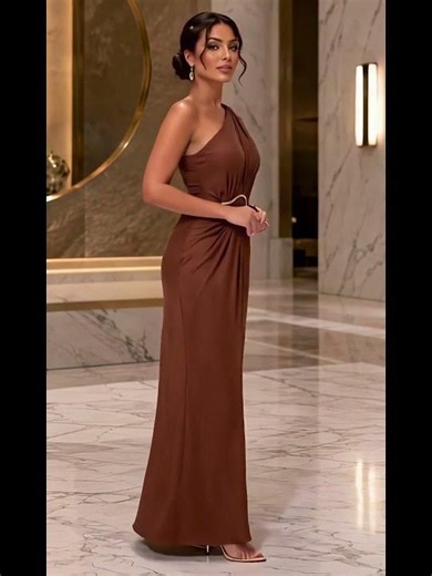 Elegant Brown One Shoulder Maxi Dress Outfit Idea