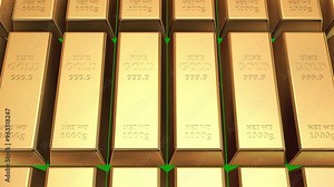Gold bars. Stack of gold fine golden bank finance currency investment for market exchange documentary. Luxurious Golden Stack: Dynamic Camera Movement Alongside Pile of Gold Bars a green screen