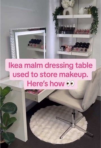 USING ⬇️ From IKEA 1 x Ikea malm dressing table 2 x Ikea lack shelves From us - VANITY COLLECTIONS 😀 1 x VC HALO VANITY MIRROR 1 x VC COMFORT VANITY CHAIR - GREY - mixture of jewellery trays and single storage items on the lack shelves - VC MALM STORAGE - GRID LAYOUT Shop via website link in bio #fyp #foryou #foryoupage #makeupstorage #vanitychair #chair #makeupmirror #vanitymirror #vanitytable #beautyroom #makeuproom #makeuporganization #makeupdrawer #makeup #morphe #makeupbrushes #storage #ma