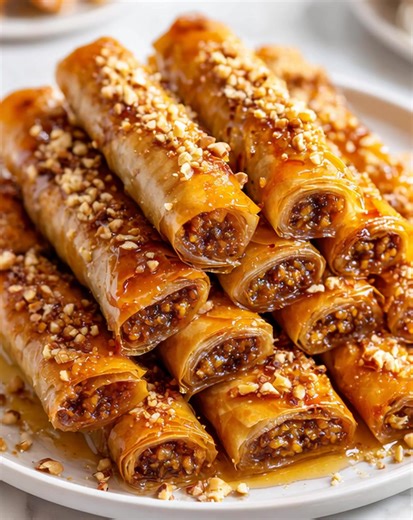 🎃 Pumpkin Spice Baklava Rolls ✨ Crisp layers of golden phyllo wrapped around spiced pumpkin filling, drizzled with honey syrup — a seasonal twist on a Middle Eastern classic. Ingredients Filling 1 cup pumpkin puree 🎃 ½ cup walnuts or pecans, finely chopped 🌰 ¼ cup brown sugar 1 tsp cinnamon ½ tsp nutmeg ¼ tsp cloves 2 tbsp honey 🍯 Pastry 10 sheets phyllo dough 🥐 ½ cup melted butter 🧈 Syrup ½ cup honey 🍯 2 tbsp water 1 tsp lemon juice 🍋 Topping Crushed nuts 🌰 Sprinkle of cinnamon Crispy,