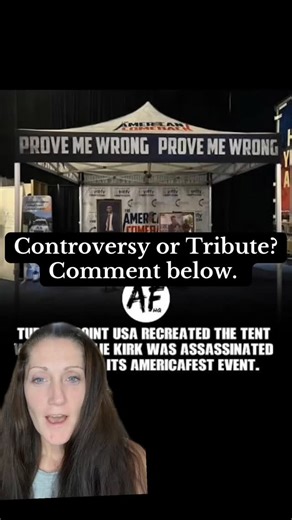 Loretta McShane-Giambruno on Instagram: "Turning Point USA’s AmericaFest conference in Phoenix sparked controversy after installing a replica of the tent where Charlie Kirk was fatally shot — and attendees were seen taking selfies and photos inside and around it. The display, meant as a tribute to Kirk’s life and legacy, has drawn strong reactions online, with critics calling it inappropriate and in poor taste just three months after his assassination. Some attendees wore replicas of the shirt K