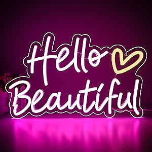 Pink Hello Beautiful Neon Sign for Wall Decor,Beautiful Led Neon for Girl's Room Wall Decor,Girls Light Up Sign for Birthday Party Decor,Valentines Day Decor,Size 15.7 * 9.6 Inches（JTLD099）
