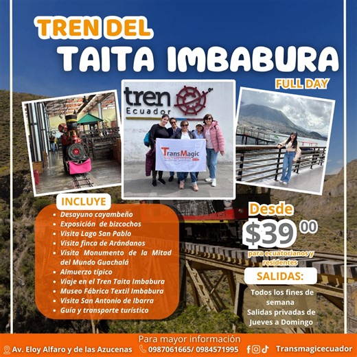 Transmagic Ecuador on Instagram: "Este carnaval vive el tren taita imbabura 🎉🎊🎭 Escápate a un full day lleno de cultura, paisajes y tradición 🇪🇨 💵 Desde $39 🥐 Desayuno cayambeño 🌊 Lago san pablo 🫐 Finca de arándanos 📍 Mitad del mundo guachalá 🚆 Viaje en el tren taita imbabura 🍽️ Almuerzo típico 🎨 San antonio de ibarra 🗓️ Salidas especiales de carnaval 📲 Reserva tu cupo ahora 📞 0987061665 | 0984571995 #carnavalecuador #carnaval2026 #taitaimbabura #trendelecuador #turismoecuador"
