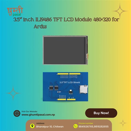 Ghumti Pasal Online Shopping on Instagram: "🔥 3.5″ ILI9486 TFT LCD Module – 480×320 (No Stylus) 🔥 Upgrade your Arduino projects with this bright and responsive 3.5-inch TFT LCD module powered by the ILI9486 driver. Designed for Arduino Uno, it delivers vivid colors and a smooth user interface—perfect for dashboards, GUIs, and DIY displays. Specifications: • Display Size: 3.5 inch • Resolution: 480 × 320 (HVGA) • Driver IC: ILI9486 • Interface: 8-bit parallel • Color Depth: 16-bit / 65K colors 