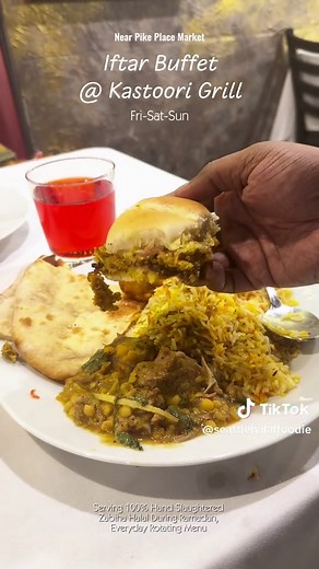 Weekend Iftar Buffet at one of my Seattle favorites Kastoori Grill 🇵🇰🌙 I stopped by Kastoori Grill on the very first day of their Weekend Iftar Buffets, it felt like a proper Pakistani-style dawat right here in Seattle. Through Ramadan everything is served Hand Slaughtered Zabiha Halal. They’re running a rotating buffet every Friday, Saturday & Sunday ($30) so the menu keeps changing every week 🔁 The day I visited, I had: ✨ Mixed Pakora ✨ Samosa Chaat ✨ Fruit Chaat ✨ Chicken Sliders ✨ Chicke