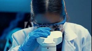 Scientist in a lab coat examines samples through a microscope, showcasing research and analysis in a laboratory setting