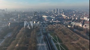 Jubelpark, Park of the Fiftieth Anniversary in Brussels, Belgium. Europe. Urban monumental park, aerial drone overhead city skyline view. Arc de Triomphe, Cinquantenaire park. Winter day.