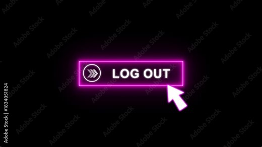 Log out button glowing neon animation with white Text and cursor click. Looping UI element on transparent background 4K.