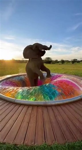 In this absolutely wild scene, a massive elephant attempts the impossible by jumping on a trampoline made entirely of jelly. Watch as the wobbly, translucent surface jiggles and bounces under the elephant's weight in this surreal and hilarious moment! | Funny AI Videos