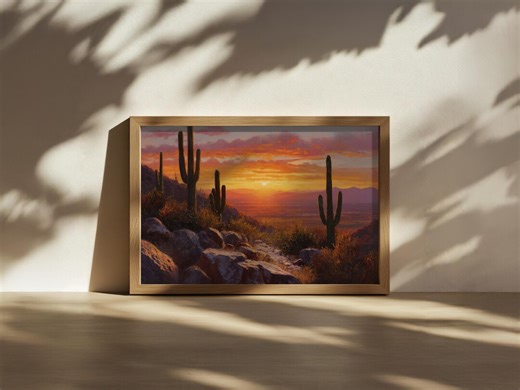 サワロ国立公園の夕焼けの絵画、ソノラ砂漠の壁画、アリゾナ州ツーソンのサボテンのアートワーク、南西部の夏の植物の風景画 - Etsy 日本