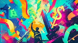 A colorful painting with a man pointing at a dollar sign. The painting is full of money and the dollar sign is the main focus. The painting has a happy and energetic mood