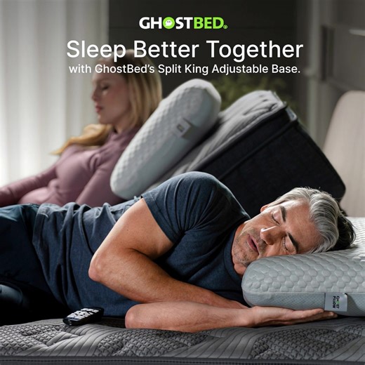 13K views · 90 reactions | The GhostBed Split King lets you and your partner share a bed—without sharing your sleep style. ✔️ Independent head & foot controls ✔️ Adjustable base for personalized comfort ✔️ Premium cooling + pressure relief Experience the perfect balance of connection and personal space. | GhostBed | Facebook