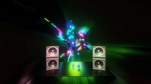 Abstract VJ loop background With flying stage speakers and dancing dummy. 3D render.