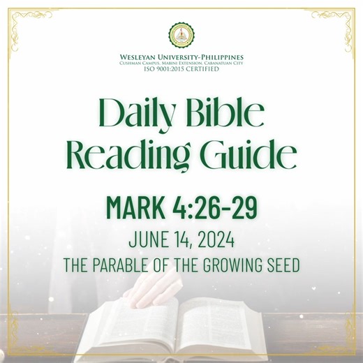 Daily Bible Reading Guide Mark 4:26-29 The Parable of the Growing Seed 26 He also said, “This is what the kingdom of God is like. A man scatters seed on the ground. 27 Night and day, whether he sleeps or gets up, the seed sprouts and grows, though he does not know how. 28 All by itself the soil produces grain—first the stalk, then the head, then the full kernel in the head. 29 As soon as the grain is ripe, he puts the sickle to it, because the harvest has come.” Disclaimer: No copyright infringe