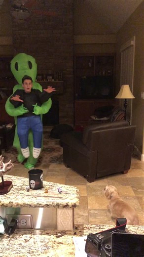 Alien Costume Fun in Cozy Living Room