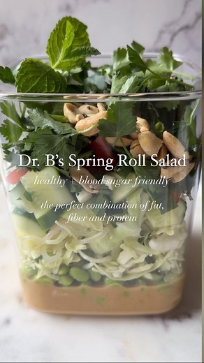 Beth Bollinger🌱Healthy Recipes on Instagram: "🧡Dr. B’s Favorite Spring Roll Salad ➡️Follow @nestwellness_ for more blood sugar friendly, real food recipes! 🥗Satisfy those lunch cravings in a healthier way with this AMAZING, blood sugar friendly Spring Roll Salad. This salad consistently score a 9 or 10 on my CGM, meaning it does not spike my blood sugar. Layer like this: Peanut dressing Poached chicken Edamame Shredded cabbage Konjac noodles Cucumber Bell peppers Green onion Cilantro Peanuts