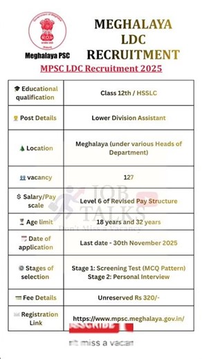 Meghalaya psc LDC recruitment 2025