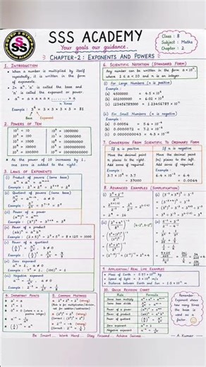 Exponents & Powers in One Shot 🚀 | Class 8 NCERT Maths Handwritten Notes by SSS Academy#viral