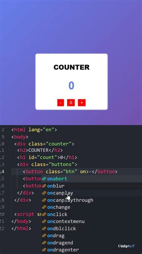 A simple Counter App built using HTML, CSS & JavaScript 🚀 Perfect beginner-friendly project to practice JavaScript basics and DOM manipulation. 👉 Follow Uddipto IT for more tech shorts 👍 Like | Share | Follow 🔖 Hashtags #UddiptoIT #JavaScript #HTML #CSS #JSShorts #WebDevelopment #BeginnerProject #CounterApp #LearnJavaScript | Uddipto It