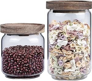 Glass Storage Tank, With Acacia Seal Tank, Pen, Label, 2Pcs Round Stackable Glass Cans of Coarse Grain Snack Coffee