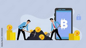 Bitcoin miner digging on golden bitcoin. Devices and technology for mining cryptocurrency cartoon animation