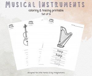 Musical Instrument Coloring and Tracing Sheets for Kids - 9 Printable Preschool Worksheets - Music Activity for Toddlers & Beginners - Etsy