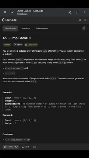 Day-45/100 Jump Game II – Minimum Jumps to Reach the End #leetcode #coding