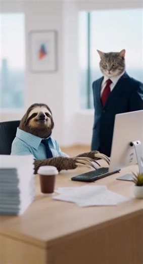 Sloth Working in an Office While Cat Boss Watches