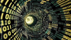A dark tunnel of pulsating data streams emerges with fragmented binary codes tered across the surface. The interplay of light and shadow highlights the ethereal quality of encrypted