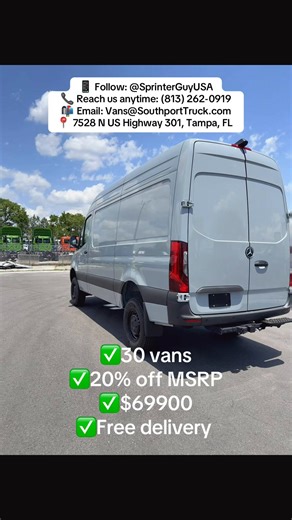 Save big on your next build with Sprinter Guy USA — we’re cutting up to 20% off brand new Sprinter vans and beating any competitor’s price on the market. If you’re serious about van life, fleet expansion, or custom builds, this is the deal that puts you ahead fast. 🚐🔥 Sprinter Guy USA 📱 Follow: @SprinterGuyUSA 📞 Reach us anytime: (813) 262-0919 📬 Email: Vans@SouthportTruck.com 📍 7528 N US Highway 301, Tampa, FL 33637 #VanLife #VanLifeUSA #VanLifeAdventure #VanBuild #limo