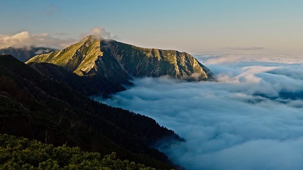 風景, 山岳, 日本北アルプス, 雲海, 常念岳, 夕暮れ