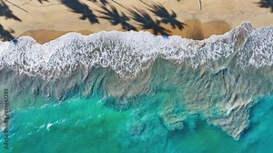 Top view of sunny summer landscape of Gnapali Beach in Myanmar, Burma. Bright shadows of palm trees against the blue sea. The most beautiful beach of Bangladesh in the Bay of Bengal.