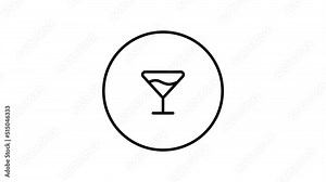 Video animation of martini drink, cocktail glass, alcoholic drink, in circle black and white drawing button, vector illustration, video animation, self drawing. Stock Video