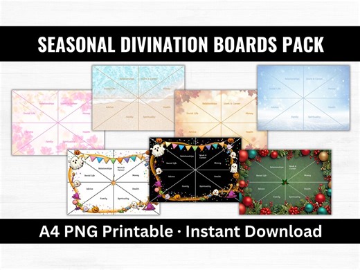 Seasonal Divination Boards Bundle Printable, 4 Seasons Tarot Spread Mat, Halloween Christmas Oracle Board A4 PNG, Witch Divination Tool