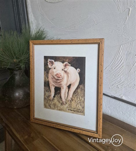 Vintage Framed Pink Pig Picture, Farmhouse Picture of Animal, Farm and Piglet Decor in Pen, Rustic Wooden Nursery Decor, Cute Baby Pig - Etsy