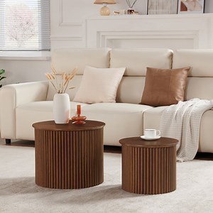 Wirrytor Round Coffee Table Sets 2 Pieces, Wood Fluted Coffee Table with Storage, for Living Room Bedroom, Apartment(Walnut)