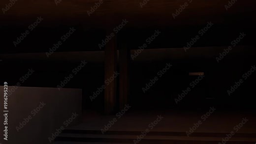 Brutalist architecture featuring concrete structures and warm light from the golden hour, creating geometric forms and deep contrasting shadows within an urban environment