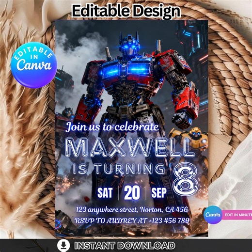 Transformers Birthday Invitation Template, Editable Canva Party Invite, Roblox Kids Celebration, Robot Theme, Digital & Instant Download - Etsy