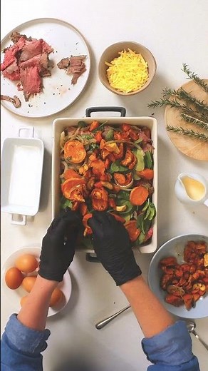 Leftover beef, vegetable and croissant bake