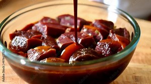 Time-lapse footage of meat marinating in a bowl, absorbing the flavors of herbs, spices, and sauces over time before cooking.