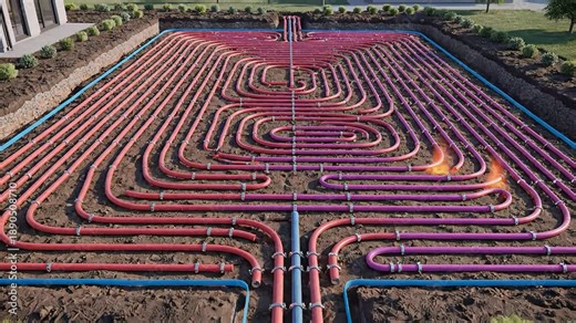 Animated diagram showing ground source heat pump installation with underground pipe loop circulating hot and cold water for geothermal heating and cooling of a house
